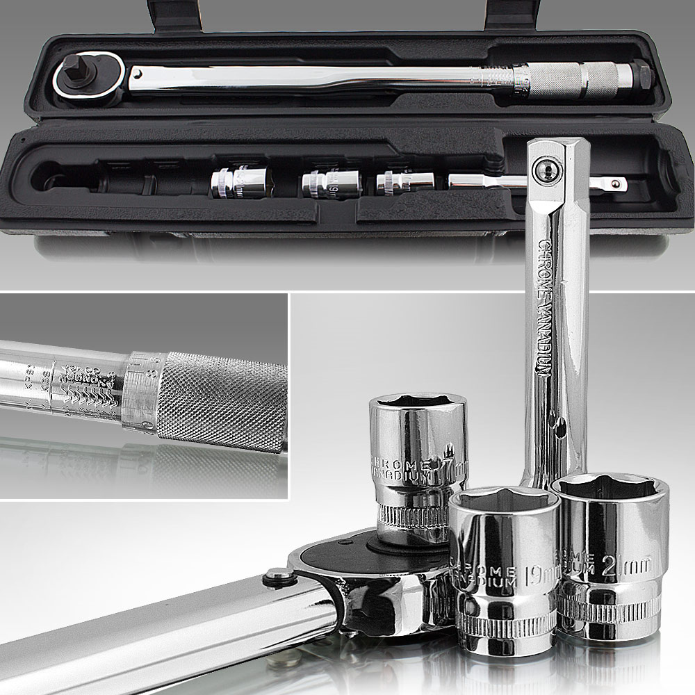 Klucz dynamometryczny z grzechotką 1/2" + nasadki 17 19 21mm Klucz dynamometryczny z grzechotką 1/2" + nasadki 17 19 21mm