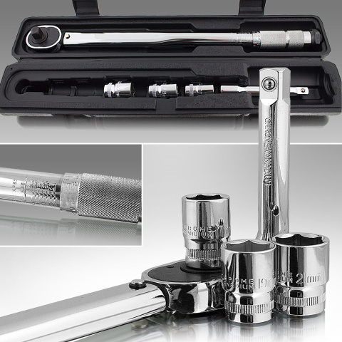 Klucz dynamometryczny z grzechotką 1/2" + nasadki 17 19 21mm Klucz dynamometryczny z grzechotką 1/2" + nasadki 17 19 21mm