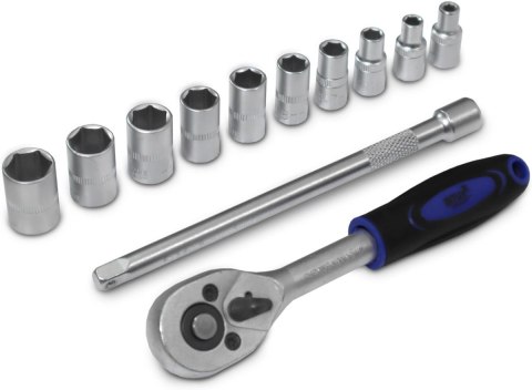 Grzechotka 1/4" + przedłużka 150mm + 10 nasadek sześciokątnych Grzechotka 1/4" + przedłużka 150mm + 10 nasadek sześciokątnych