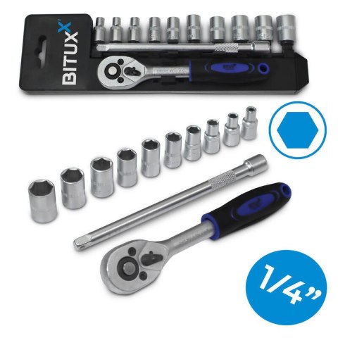 Grzechotka 1/4" + przedłużka 150mm + 10 nasadek sześciokątnych Grzechotka 1/4" + przedłużka 150mm + 10 nasadek sześciokątnych
