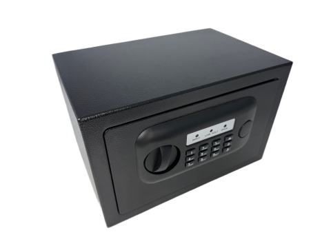 Czarny kompaktowy sejf biurowy na kod i klucz