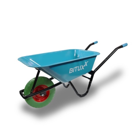 Taczka ogrodowa niebieska z zielonym kołem PU