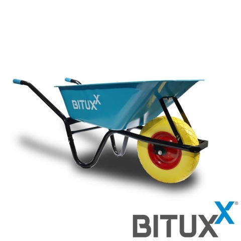 Taczka ogrodowa niebieska z żółtym kołem PU