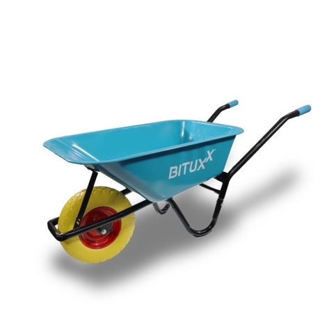 Taczka ogrodowa niebieska z żółtym kołem PU